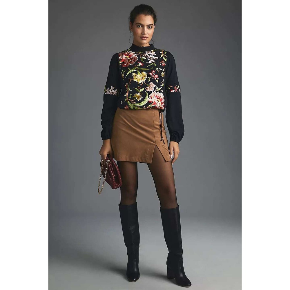 Anthropologie Tiny Black Floral Embroidered Mock Neck Shirt L Balloon Sleeve